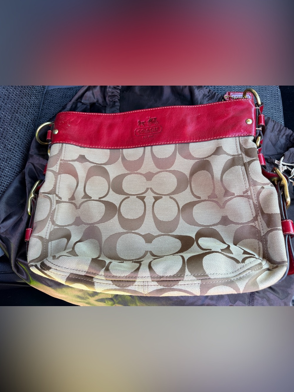 Coach Beige Signature Hobo with Red Leather Trim
